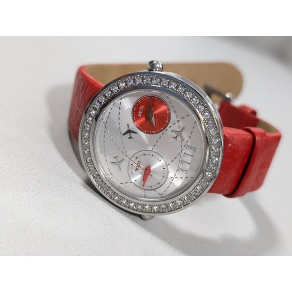 Elle Womens Dual Time Watch Airplane Travel Crystal Accent Red Leather Band - Picture 4 of 15